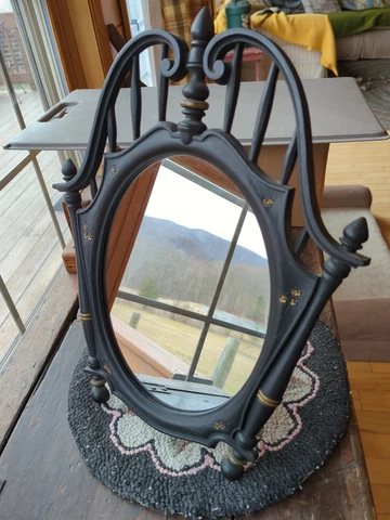 Vintage Syroco Mirror Ornate Table Top Wall Hanger Frame Black and Gold Accent Cover