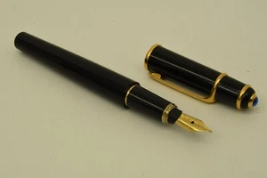 Authentic Cartier Black Enamel Fountain Pen Gp Blue Sapphire Desk Collectible - Picture 1 of 13