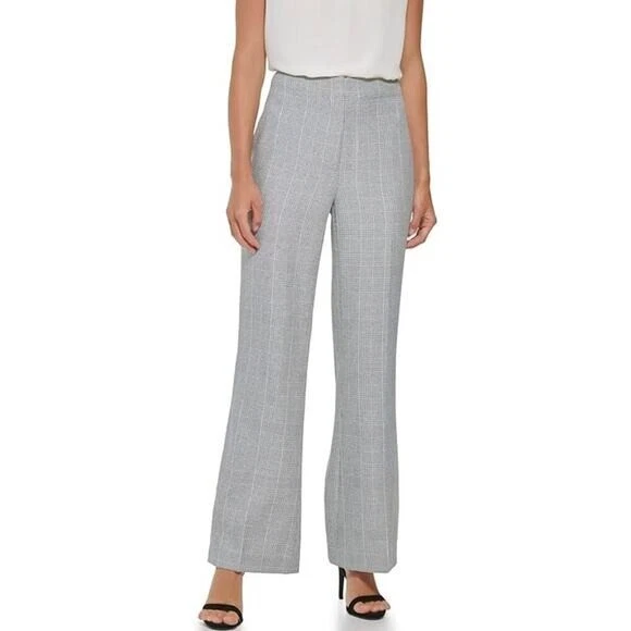 DKNY Women's Gray Plaid High-Rise Wide-Leg Pants Size 16