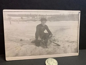 Real Photo Postcard, 10 Pt. Deer Hunter Trophy, Jackman, ME, Bring Your Violin! - Picture 1 of 2
