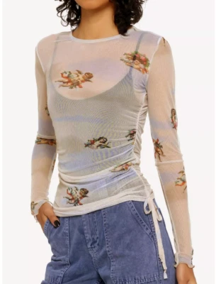Top de malla Hot Topic para mujer S marfil querubín estampado de nubes manga larga fruncido años 90 Foto 1 de 4