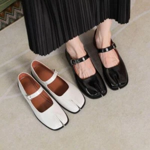Women's Leather Pumps Tabi Split Toe Mary Janes Bukcle Strap Casual Shoes Flats - Picture 1 of 8
