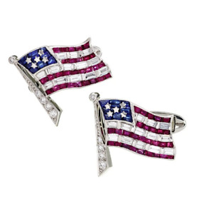 Lab-Created Multi Color Gemstone With White CZ American Flag Luxurious Cufflinks