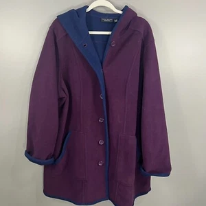 Susan Graver Weekend 2X Purple Blue Button Front Fleece Hooded Coat Jacket EUC - Picture 1 of 7