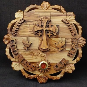 Gott segne unser Haus mit Kreuz Plakette Olivenholz handgefertigt hängende Wand 7,8" - Bild 1 von 3