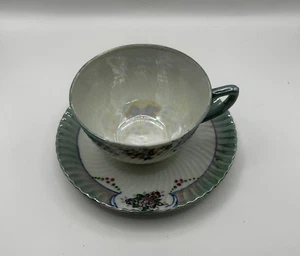 VTG Trico Tea Cup and Saucer Hand Painted Floral Green Iridescent Trim Japan - Picture 1 of 6