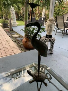 Vintage Bronze Crafted Sculpture Crane Standing On Turtle - Picture 1 of 18