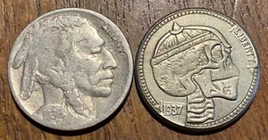 LOT 2 PIECES 5 CENTS BUFFALO USA UNE VRAIE ET UNE SATIRIQUE (910) - Picture 1 of 2