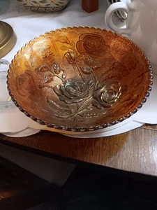 Vintage Imperial Glass Company Open Rose Pattern Carnival Glass Bowl - Picture 1 of 5