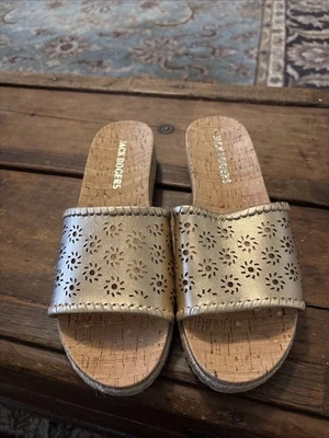 Jack Rogers Gold Metallic Perforated Espardrille Cork Slide Sandal. Size 10 - Image 1 of 4
