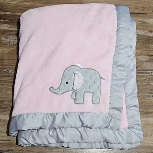 Wendy Bellissimo - Gray Elephant Baby Blanket Pink 38" x 28" Girls Satin Plush - Picture 1 of 4