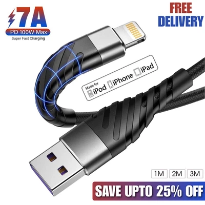 For iPhone Charger Cable Heavy Duty Braided USB Charging Lead Data Sync 1M 2M 3M - Image 1 of 4