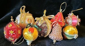 Lot (8)Vtg Push Pin beaded Christmas Ornaments Sequins satin ornate MCM Retro - Picture 1 of 9