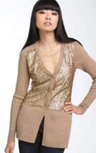 Nanette Lepore V-Neck Beige Merino Wool CARDIGAN Sweater Button Gold Sequins XS - Picture 1 of 5