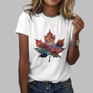 Women’s Scenic Autumn Landscape Featuring Canadian Maple Leaves Print T-Shirt - Picture 1 of 3