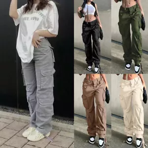 Womens Draw String Solid Workwear Cargo Pants Ladies Casual Trousers Bottoms US - Picture 1 of 19