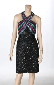 Mike Benet Vintage 80s Multi Color Sequin Halter Pageant Prom Party Dress sz 10 - Picture 1 of 3
