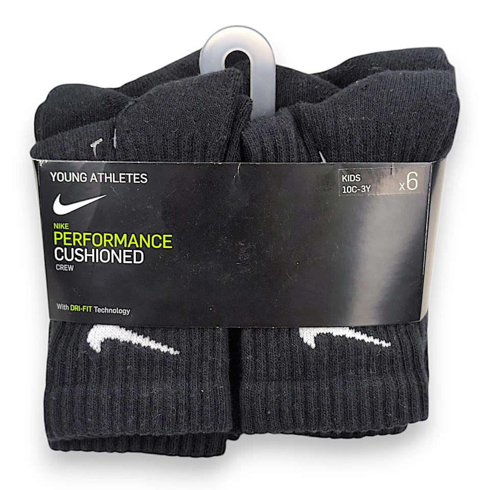 NIKE Dri-FIT Big Kids Crew Socks Black 10C-3Y 5-7 2 Packs (6 Pairs Each)