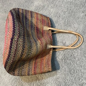 Vintage African Nthungi Kenya Sisal Straw Bucket Market Bag Leather Handle Purse - Picture 1 of 5
