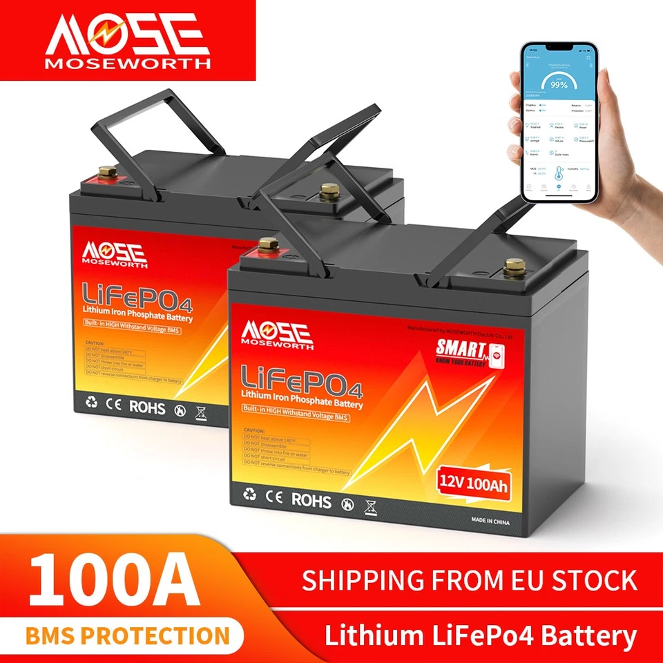 MOSEWORTH 1-2 Pack 12V 100Ah Bluetooth LiFePO4 Batería Litio BMS para RV Sistema Solar