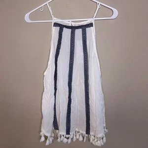 Rebellion White Halter Top with Blue Stripes and Tassels - Picture 1 of 6