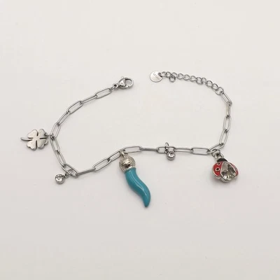 Brazalete de acero inoxidable piedra transparente esmalte Ladybug trébol 4 hojas cuerno italiano Foto 1 de 4