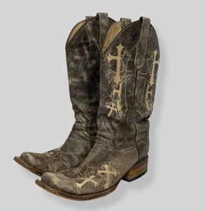 Circle G Size 9 Western Boot Crosses Embroidered Snip Toe Distressed Cowgirl - Picture 1 of 12