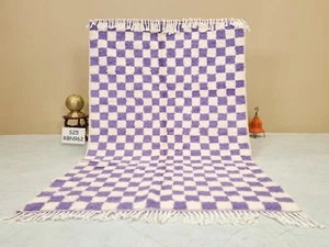 Moroccan Handmade Beni Ourain Rug 4x6 ft Berber Checkered Purple Wool Carpet - Picture 1 of 12