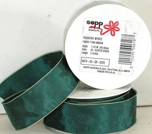 3 Spools #9 Wired Holiday Ribbon - Hunter Green Gold Trim - 15 total yards 1.25" - Picture 1 of 3