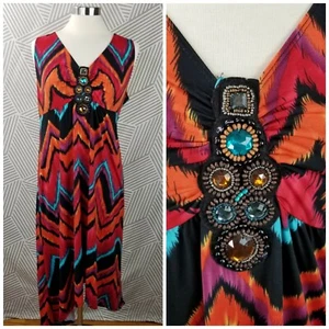 NY Jewel Bling Front Party Dress Size Large slinky stretch Travel Knit Zigzag - Picture 1 of 6