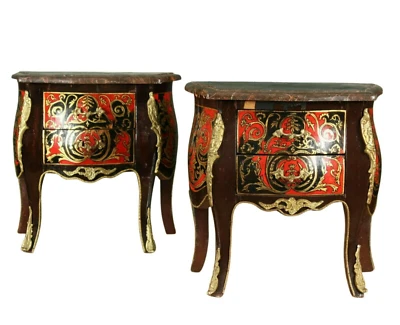 Nightstands, Commodes, Pair, Marble Top, Boulle Style Model, Diminutive, Vintage - Image 1 of 4