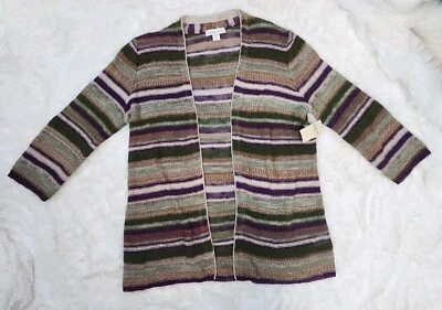 Nuevo Cárdigan Coldwater Creek 14 Grande Mezcla de Lino Tejido Rayas Punto Metálico Foto 1 de 4