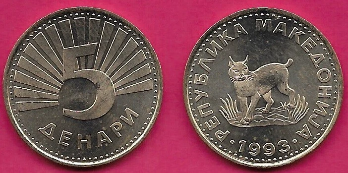 MACEDONIA NORTH 5 DENARI 1993 UNC A MACEDONIAN OR BALKAN  LYNX,DENOMINATION BELO - Image 1 of 1