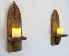 PAIR OF 30CM RECYCLED RUSTIC WOOD GOTHIC / CHURCH WALL SCONCE LED CANDLE HOLDERS