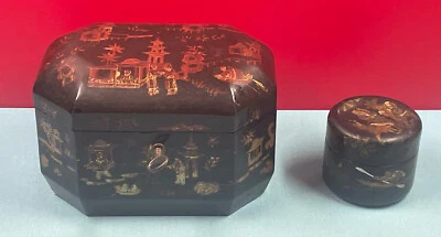 lot Coffret Boîte Bijoux + poudrier Laque Chinoiserie Carton Bouilli Napoléon 3 - Photo 1/4
