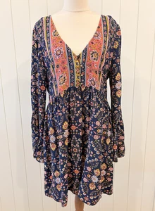 Tigerlily Size 12 Zareen Mini Dress Indigo Blue Floral Long Flare Sleeve - Picture 1 of 18
