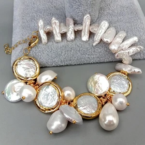 Freshwater White Biwa Pearl Coin Keshi Pearl Sea Shell Pearl Bracelet 8" - Picture 1 of 7