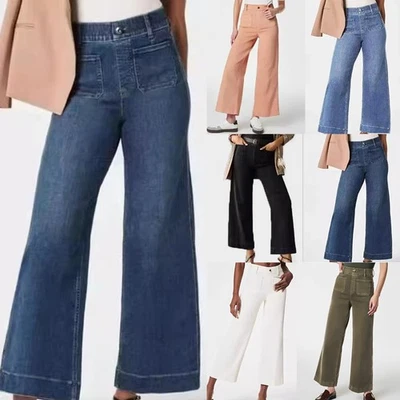 Ladies Casual Stretch High Waist Pocket Pants Wide Leg Jeans Denim Trousers 6-24 - Image 1 of 4