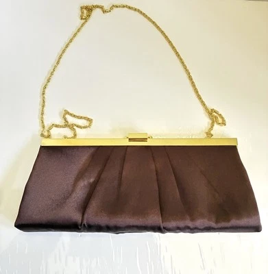 Vtg Jessica McClintock Evening Bag Purse Brown Satin Clutch Chainstrap - Image 1 of 4