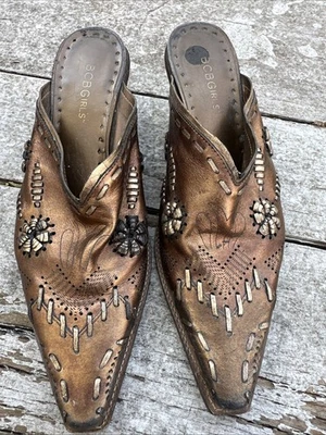 Vtg Women's BCBGirls Brown Leather western mules, Sz. 7.5/37.5, gold/bronze trim - Image 1 of 4