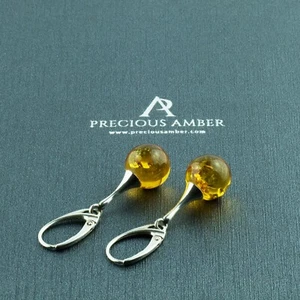 Baltic Amber Silver Long Round Large Gemstone Sphere Earrings Women's Lever Back - Bild 1 von 5