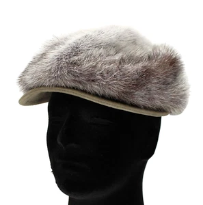 Vintage Mens Silver Fox Fur Newsboy Cap Hat w Suede Brim No Label Size M 22" - Picture 1 of 7