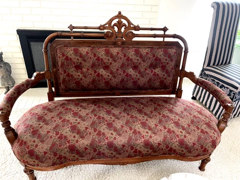 Spectacular Antique 1850s Victorian Settee Sofa Coach Morris Arts & Crafts Style Cover