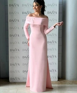 Customized Pink Evening Dresses Sequined Applique Long Sleeve Satin Prom Gowns - Picture 1 of 12