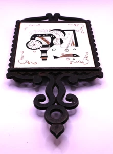 Cast Iron Trivit with Ceramic Tile Hand Painted Black and Gold Made in Japan HS - Picture 1 of 6
