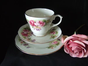 Vintage Herzogin Knochen China Trio rosa Rosen Blumen Teetasse Untertasse & Teller - Bild 1 von 7
