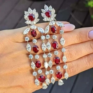 16 Ct Lab Created Red Garnet & Diamond 14K White Gold Plated Chandelier Earrings - Picture 1 of 8