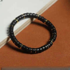 Bracciale Perline Ebano Perline Piatte con Distanziali Ottone Legno Buddista Mala Gioielli - Foto 1 di 4