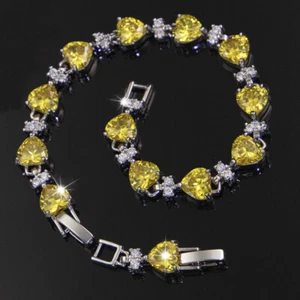 New Xmas Party Jewelry Love Heart Yellow Citrine Gemstone Women Silver Bracelets - Picture 1 of 6