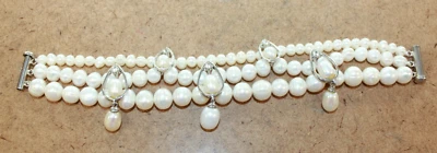 Designer Sterling Silver 3 Strand Pearl & CZ Station Bracelet Signed V [055WES] - Image 1 of 4